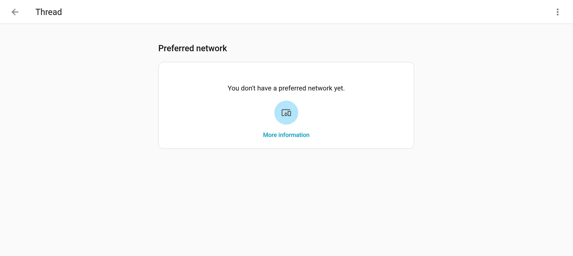 The Thread settings page in Home Assistant in our test setup, reporting that there is no preferred Thread network yet because no border router has been added.