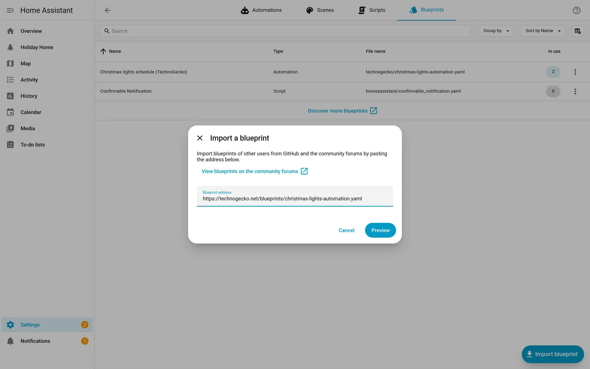 The Home Assistant Import a blueprint dialog in our test setup, with the Christmas lights blueprint address entered and the Preview button ready.