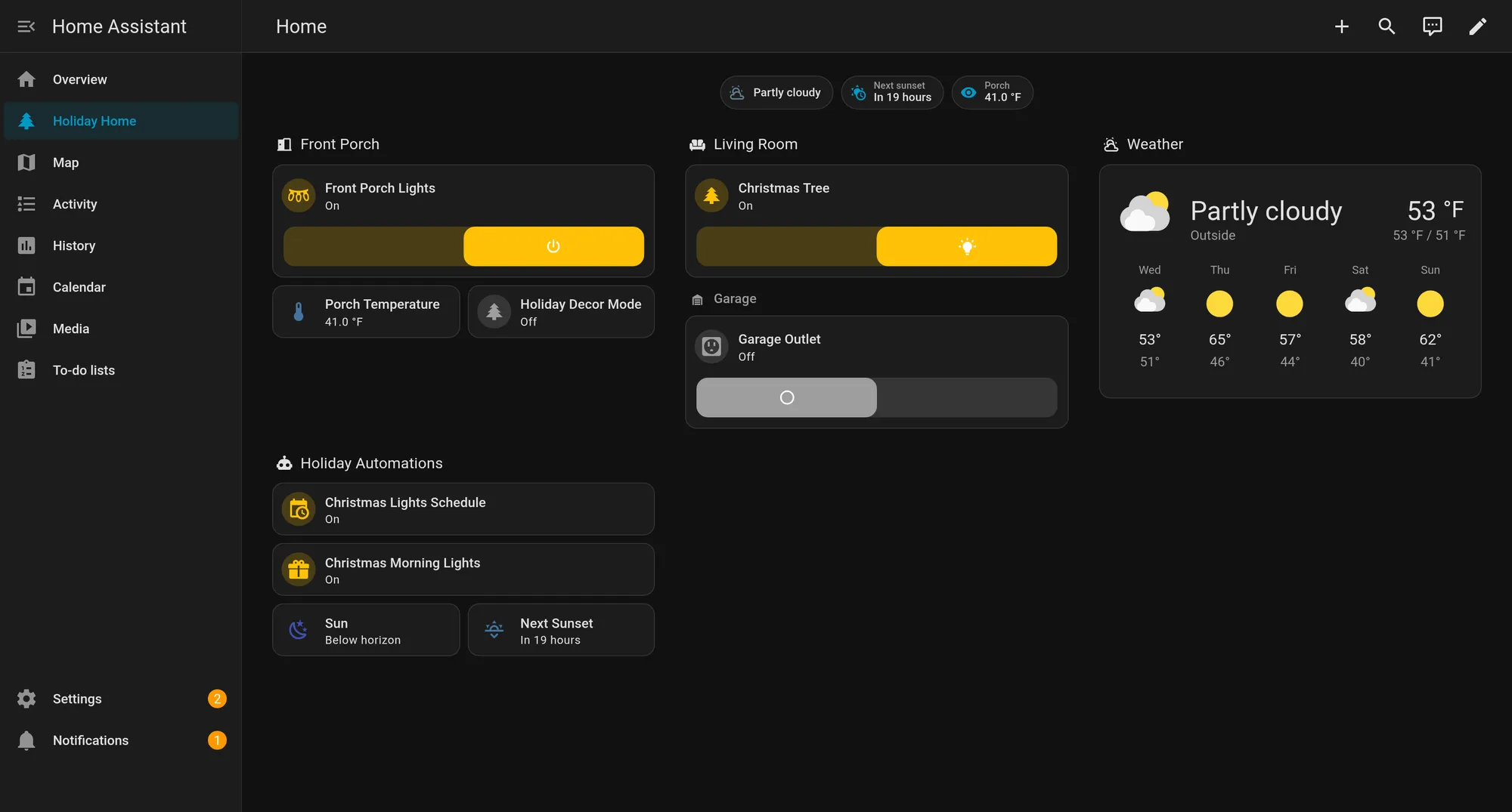 A Home Assistant Sections-view dashboard in dark mode from our test setup, with tiles for Front Porch Lights, Christmas Tree and Garage Outlet, a weather forecast card and holiday automation toggles (virtual test entities).