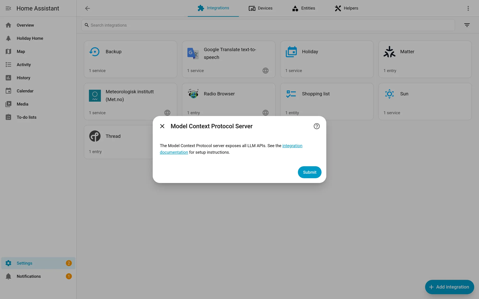 The Model Context Protocol Server setup dialog in Home Assistant's Add integration flow in our test setup, before submitting.