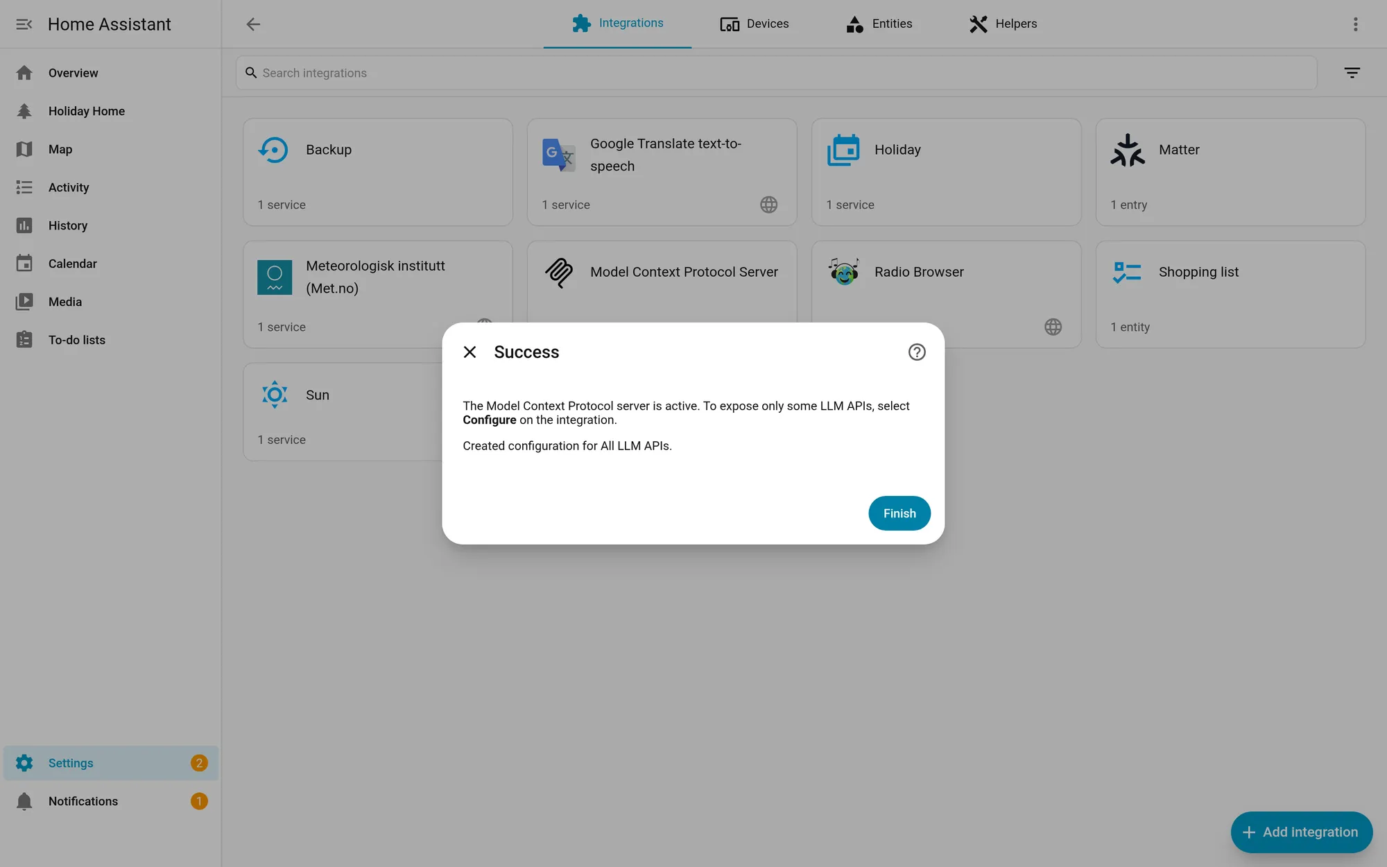 The setup-complete dialog for Home Assistant's built-in Model Context Protocol Server integration in our test setup, confirming the server is active for all LLM APIs.