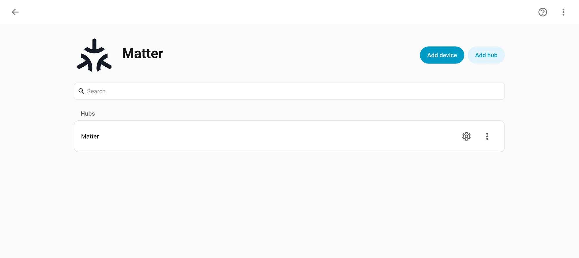 The Matter integration page under Settings > Devices & services in our test setup, connected to a local Matter server with no devices added yet.
