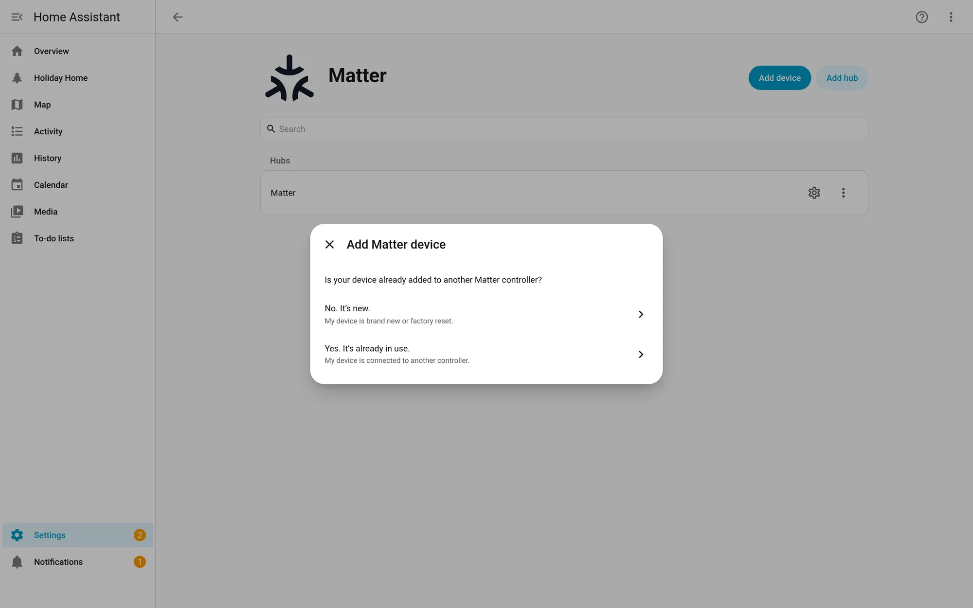 The Add Matter device dialog in Home Assistant in our test setup, asking whether the device is new or already added to another Matter controller.