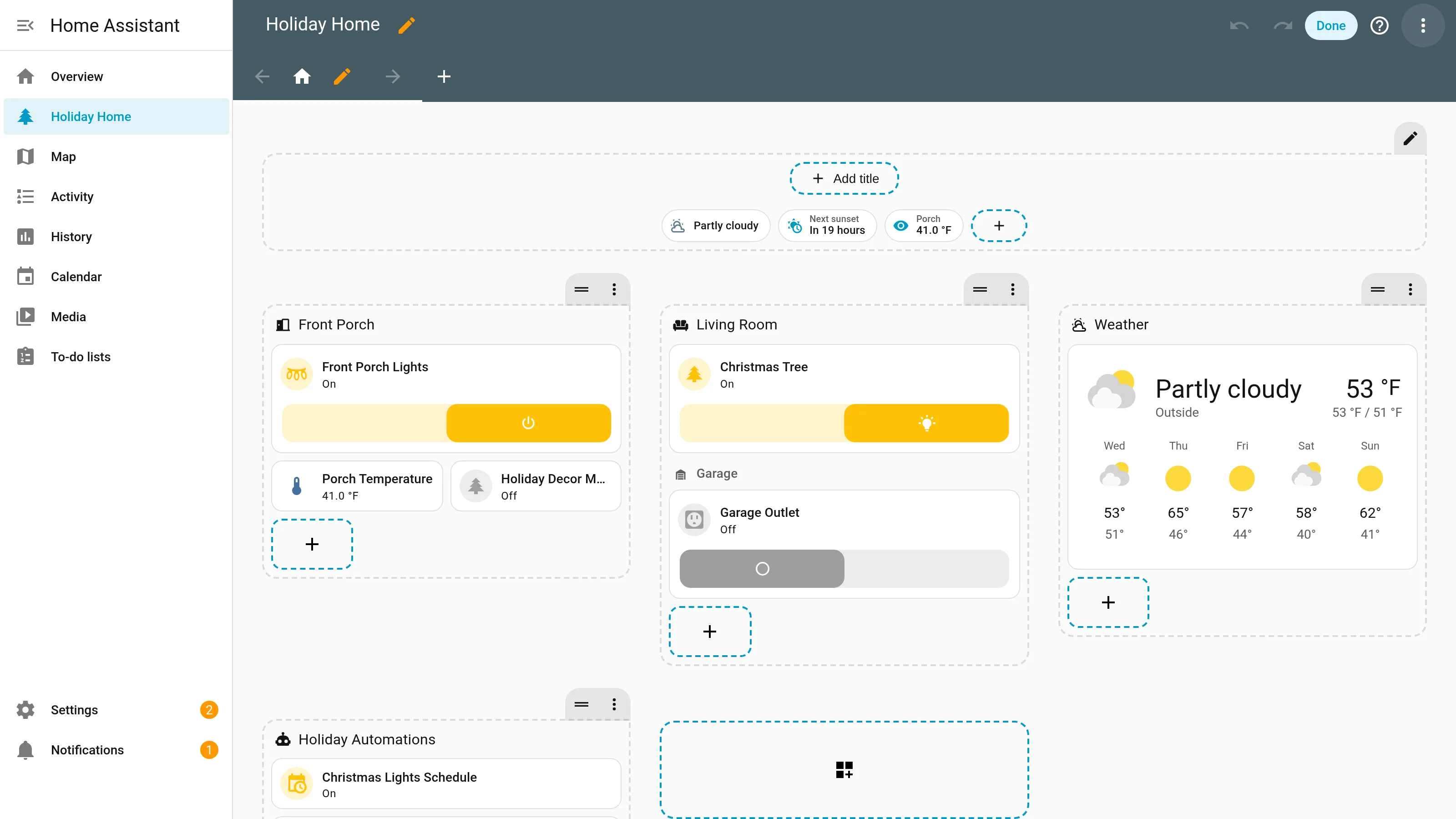 A Home Assistant Sections-view dashboard in edit mode on a test setup, showing the section grid, the badges row and the add-card placeholders.